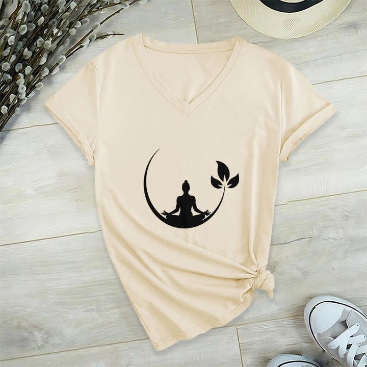 Olivenorma Yoga Lotus Buddha Meditation T-shirt con scollo a V - Cachi - 2XL - image 23