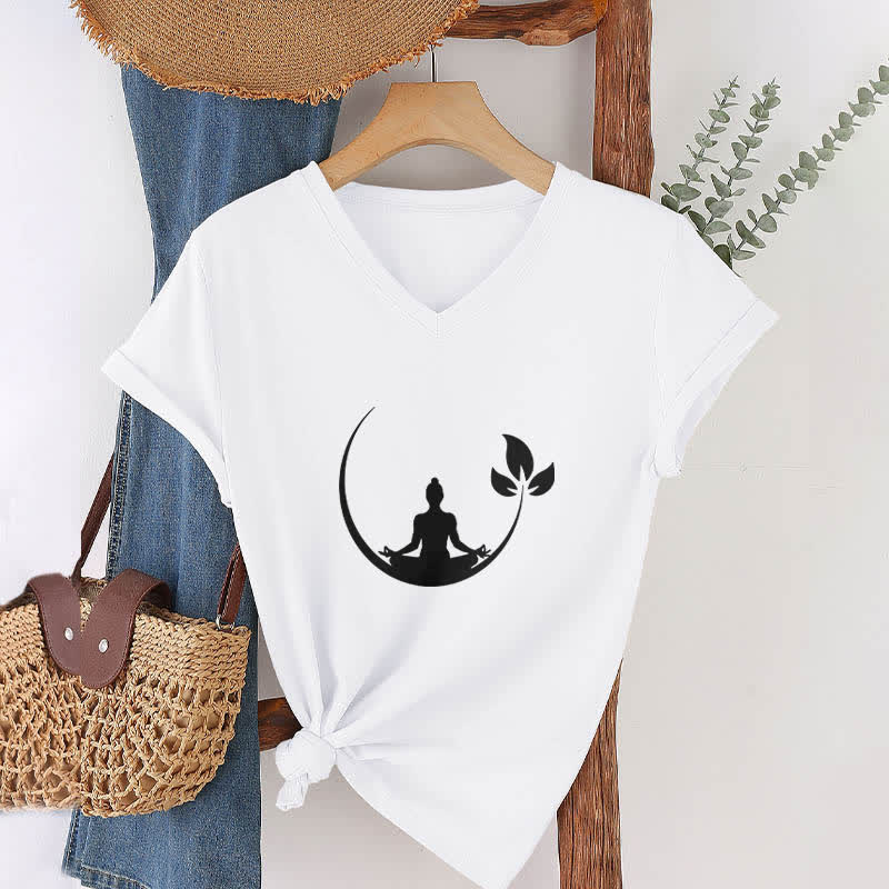 Olivenorma Yoga Lotus Buddha Meditation T-shirt con scollo a V - image 6