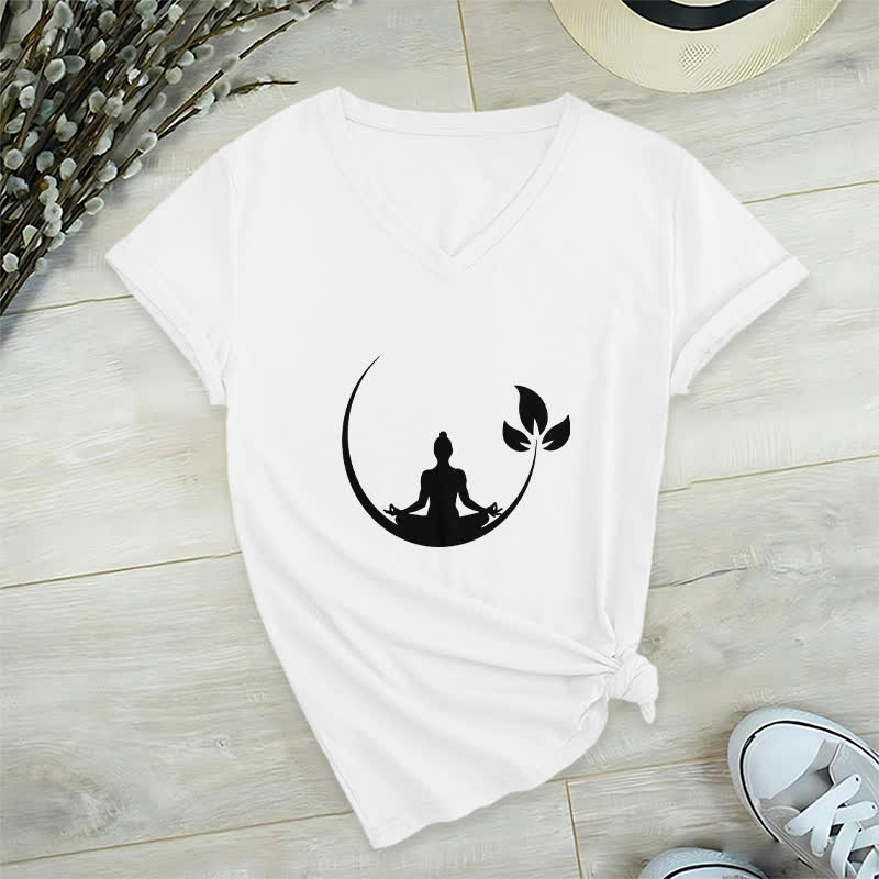 Olivenorma Yoga Lotus Buddha Meditation T-shirt con scollo a V - Bianco - 2XL - image 4