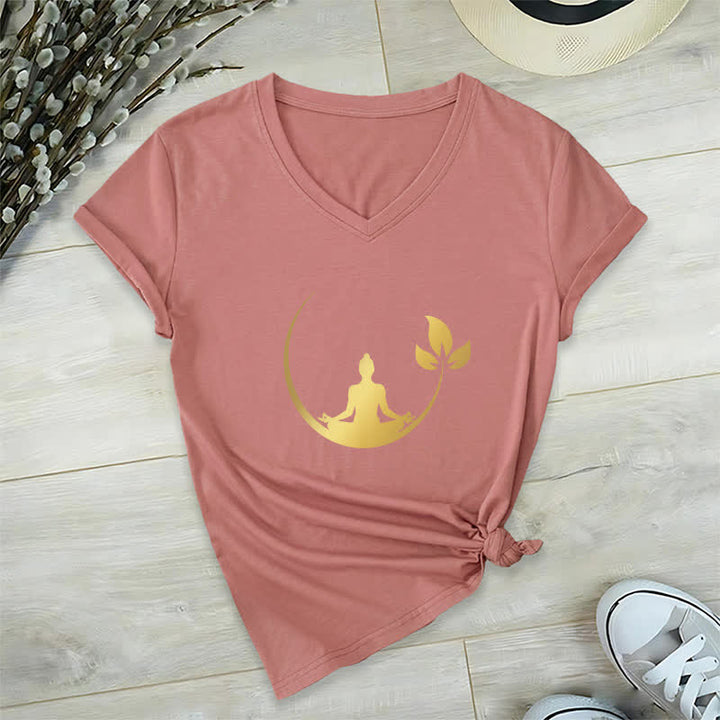 Olivenorma Yoga Lotus Buddha Meditation T-shirt con scollo a V - Rosa - 2XL - image 19
