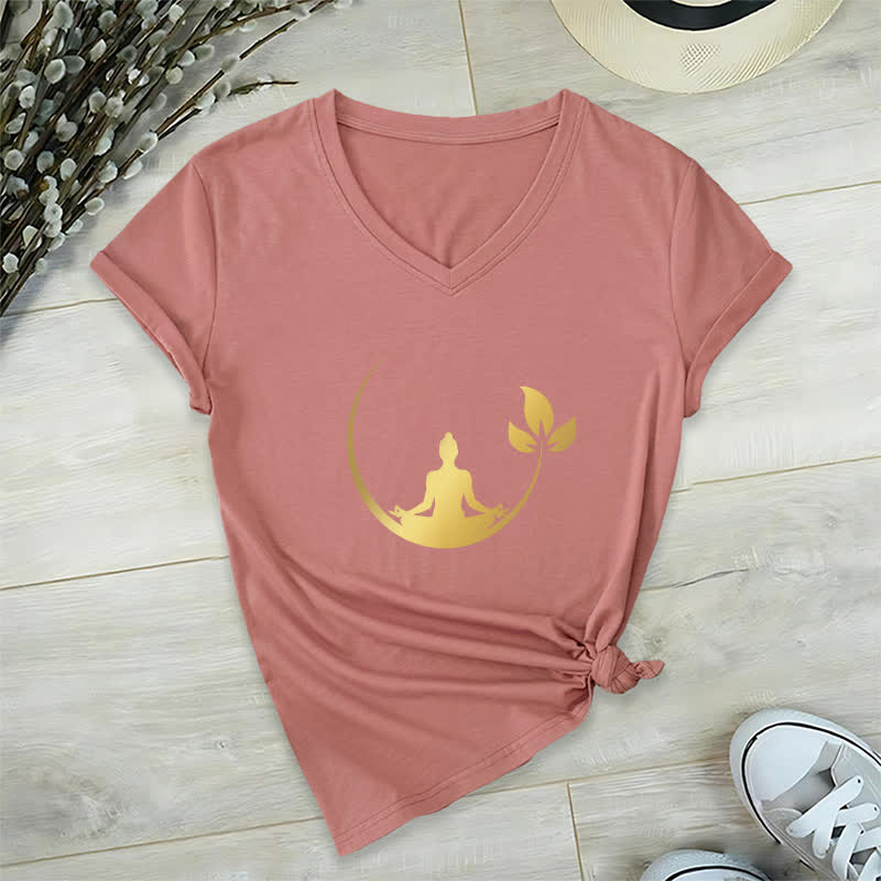 Olivenorma Yoga Lotus Buddha Meditation T-shirt con scollo a V - Rosa - 2XL - image 18