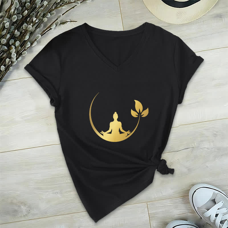 Olivenorma Yoga Lotus Buddha Meditation T-shirt con scollo a V - Nero - 2XL - image 15