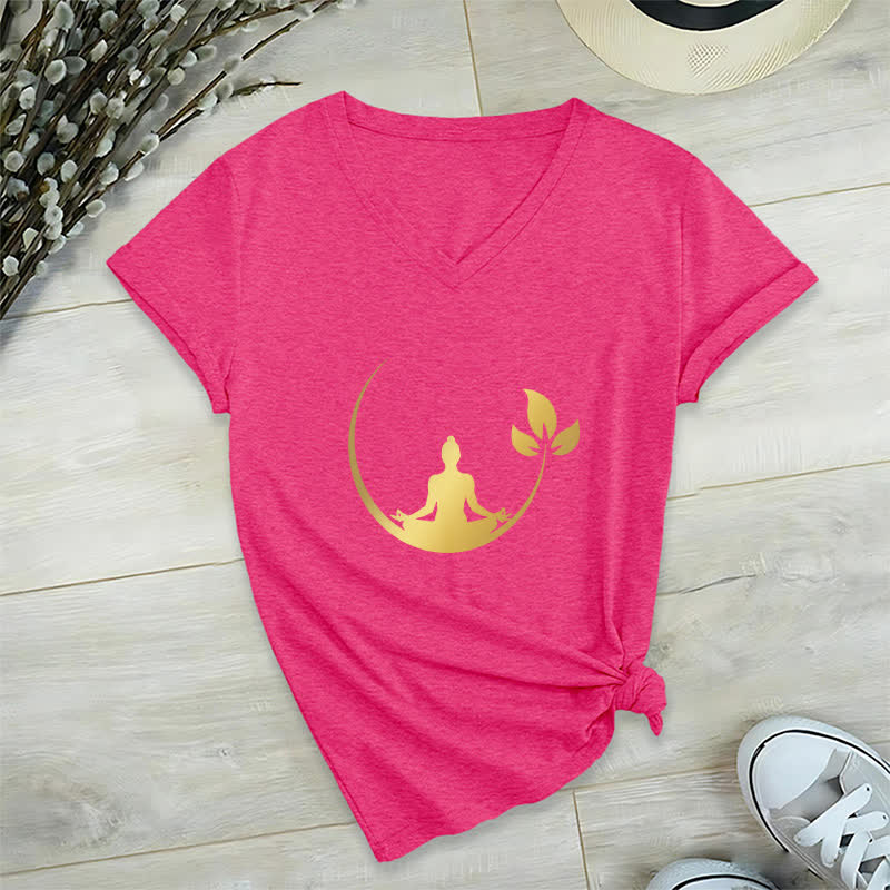 Olivenorma Yoga Lotus Buddha Meditation T-shirt con scollo a V - Rosa rossa - 2XL - image 20