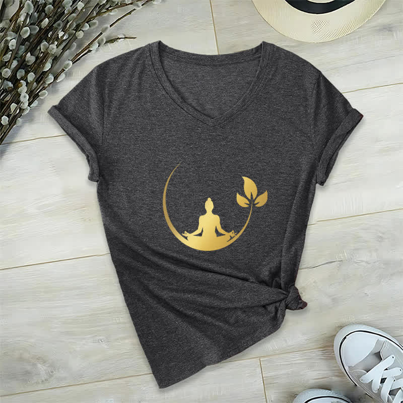 Olivenorma Yoga Lotus Buddha Meditation T-shirt con scollo a V - Grigio - 2XL - image 12