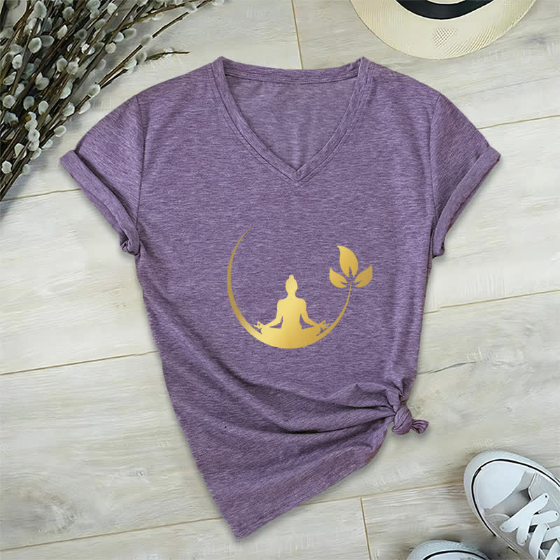 Olivenorma Yoga Lotus Buddha Meditation T-shirt con scollo a V - Viola - 2XL - image 26