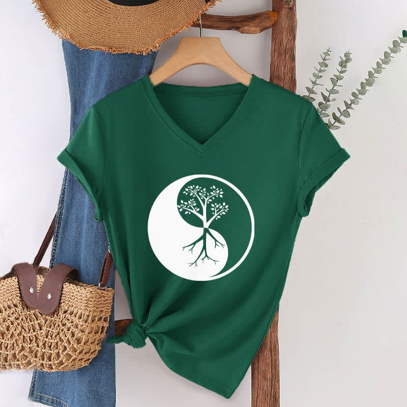 Olivenorma Yin Yang Tree Yoga Meditation T-shirt con scollo a V - image 9