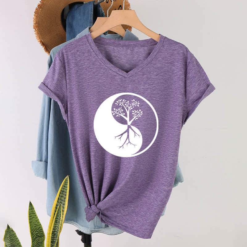 Olivenorma Yin Yang Tree Yoga Meditation T-shirt con scollo a V - image 27