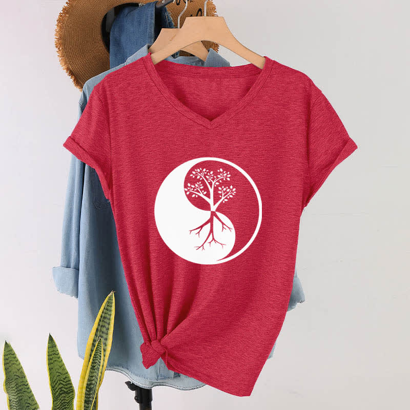 Olivenorma Yin Yang Tree Yoga Meditation T-shirt con scollo a V - image 14