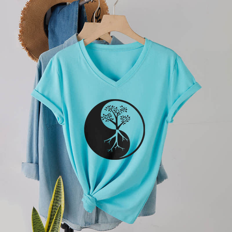 Olivenorma Yin Yang Tree Yoga Meditation T-shirt con scollo a V - image 25