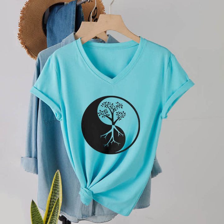 Olivenorma Yin Yang Tree Yoga Meditation T-shirt con scollo a V - image 25