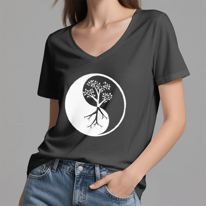 Olivenorma Yin Yang Tree Yoga Meditation T-shirt con scollo a V - image 2