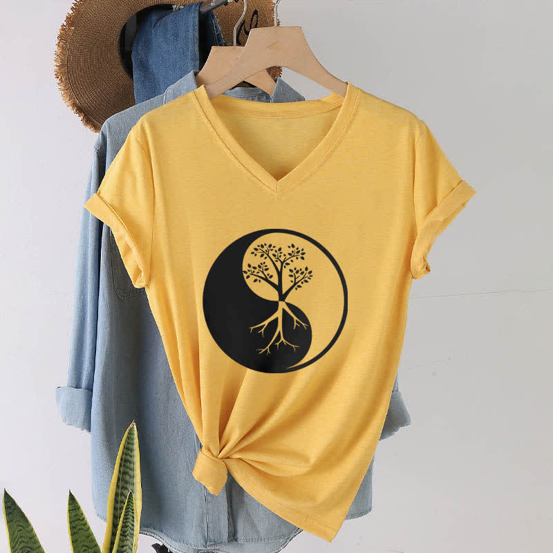 Olivenorma Yin Yang Tree Yoga Meditation T-shirt con scollo a V - image 17