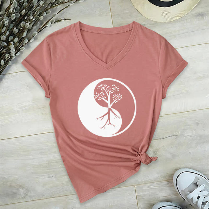 Olivenorma Yin Yang Tree Yoga Meditation T-shirt con scollo a V - Rosa - 2XL - image 17