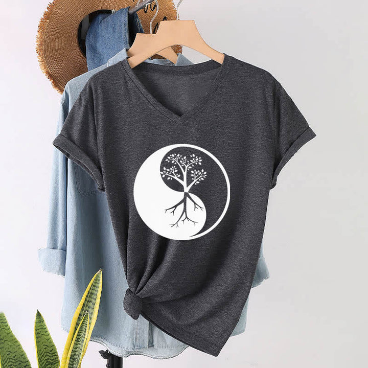 Olivenorma Yin Yang Tree Yoga Meditation T-shirt con scollo a V - image 2