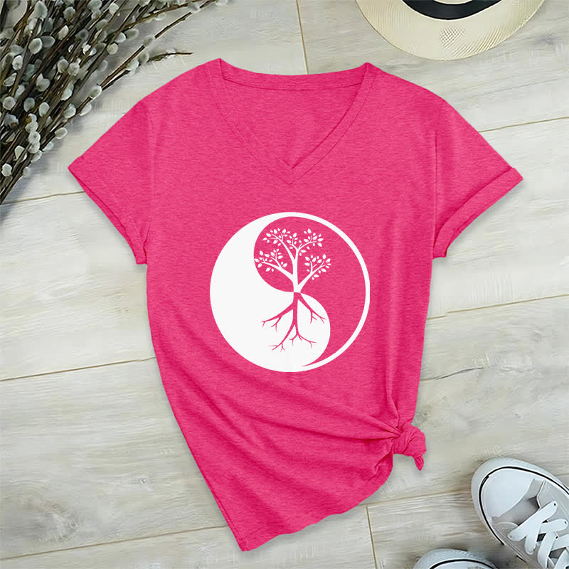 Olivenorma Yin Yang Tree Yoga Meditation T-shirt con scollo a V - Rosa rossa - 2XL - image 19