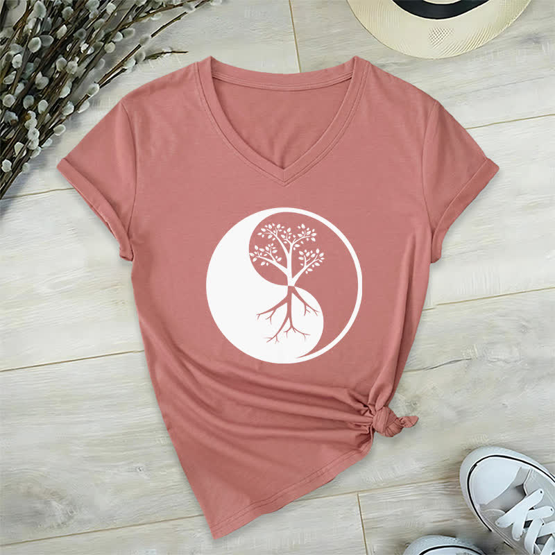 Olivenorma Yin Yang Tree Yoga Meditation T-shirt con scollo a V - Rosa - 2XL - image 18
