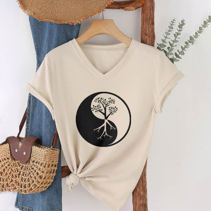 Olivenorma Yin Yang Tree Yoga Meditation T-shirt con scollo a V - image 22