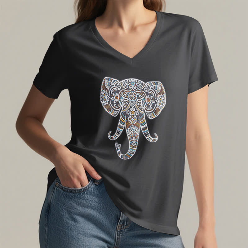 Maglietta Olivenorma da donna con scollo a V e motivo elefante, motivo natura e animali - image 3