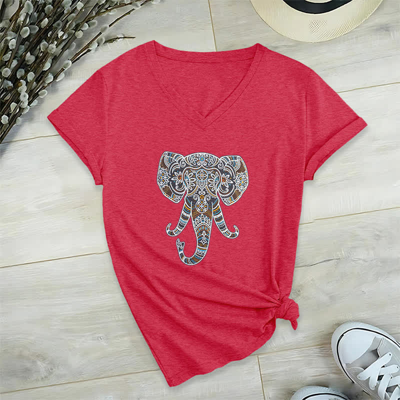 Maglietta Olivenorma da donna con scollo a V e motivo elefante, motivo natura e animali - Rosso - 2XL - image 14