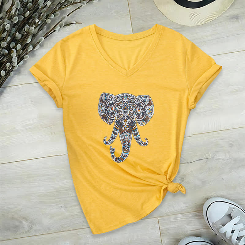 Maglietta Olivenorma da donna con scollo a V e motivo elefante, motivo natura e animali - Giallo - 2XL - image 16
