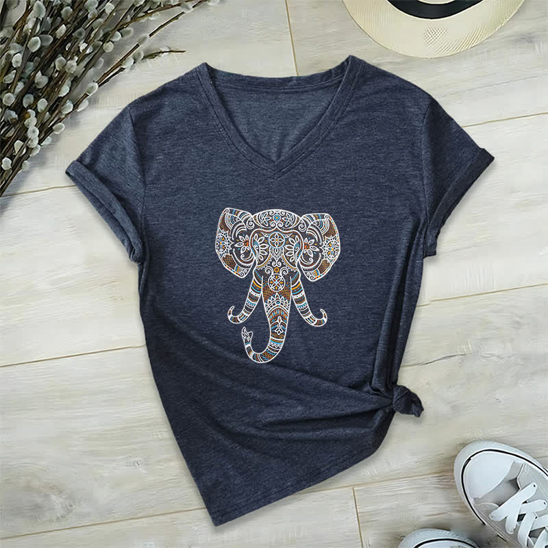 Maglietta Olivenorma da donna con scollo a V e motivo elefante, motivo natura e animali - Blu navy - 2XL - image 6