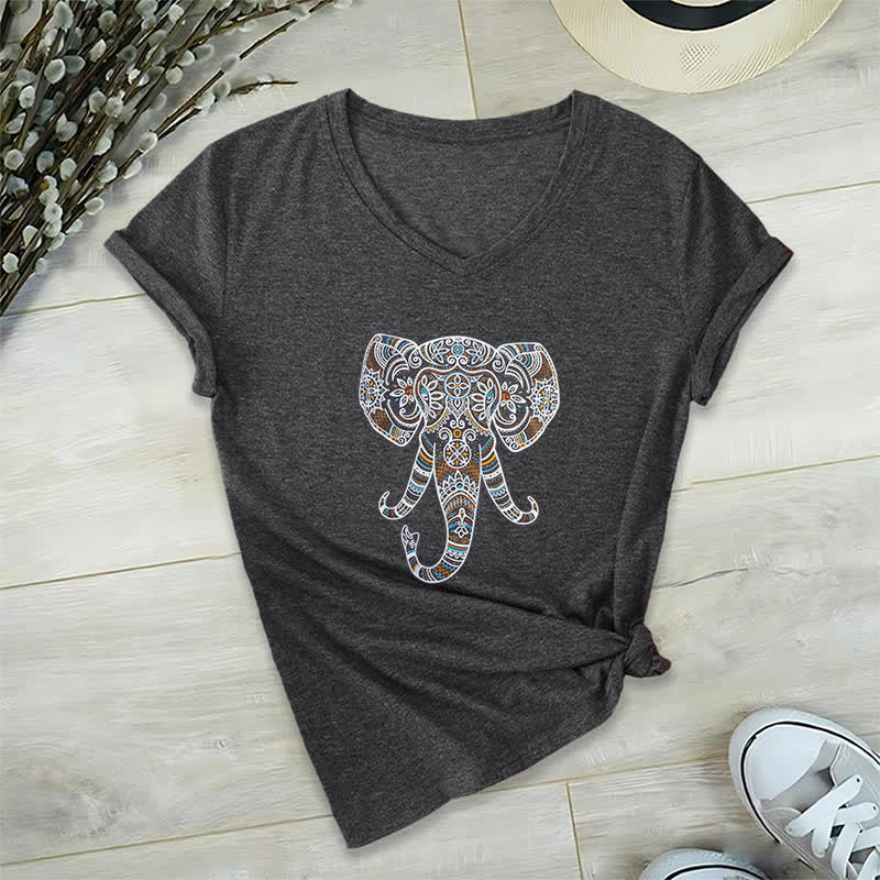 Maglietta Olivenorma da donna con scollo a V e motivo elefante, motivo natura e animali - Grigio - 2XL - image 0