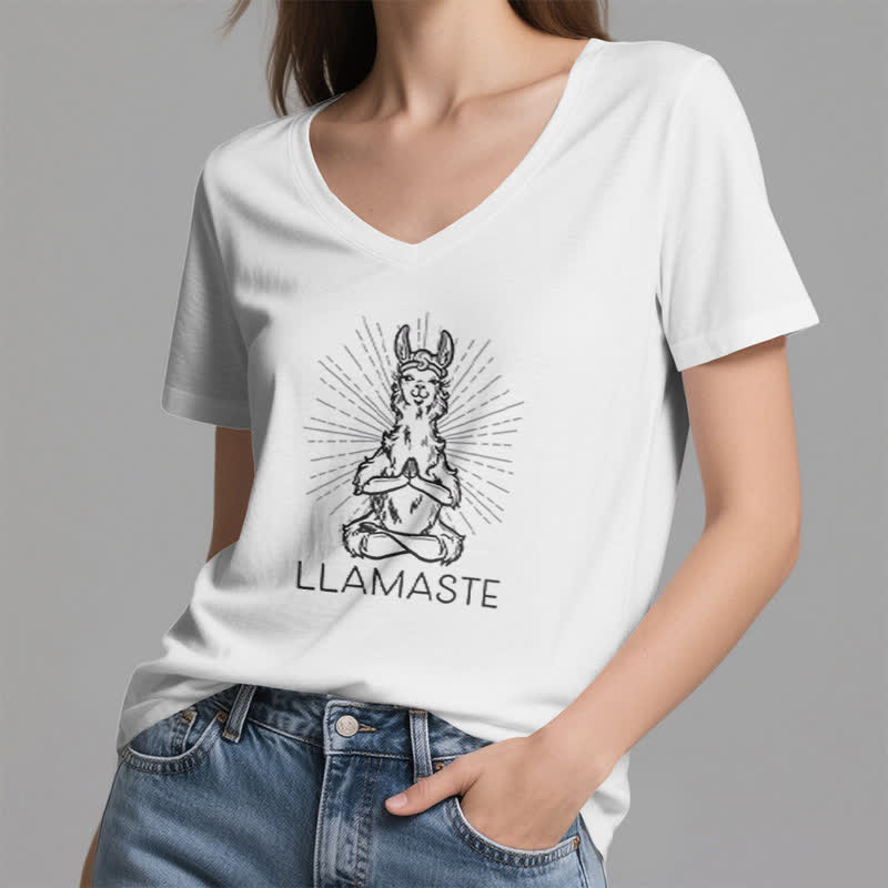 Olivenorma Maglietta divertente con scollo a V e scritta "Yoga Llama Namaste Workout" - image 1