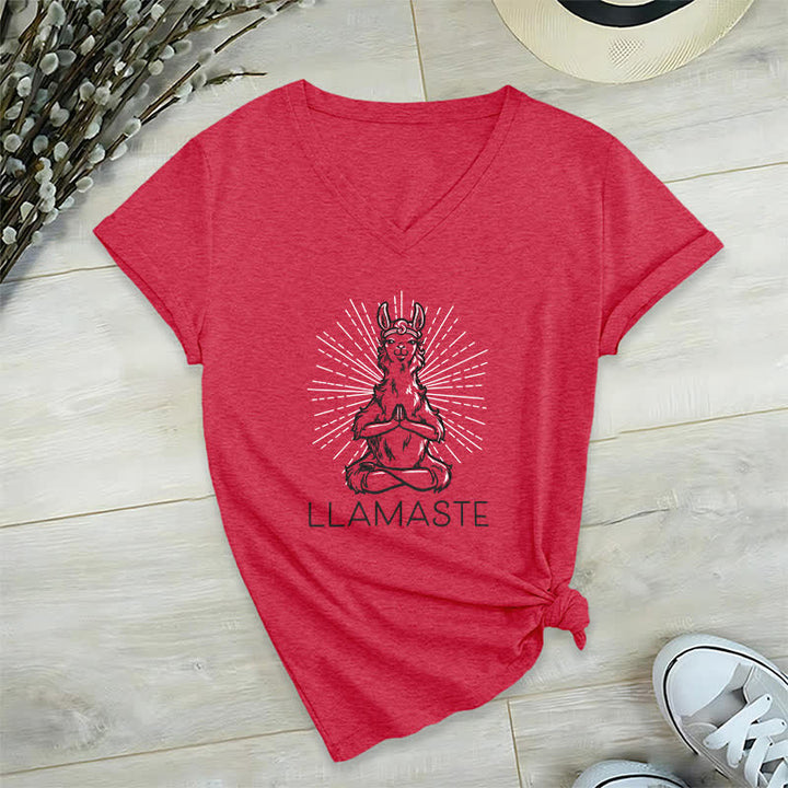 Olivenorma Maglietta divertente con scollo a V e scritta "Yoga Llama Namaste Workout" - Rosso - 2XL - image 13