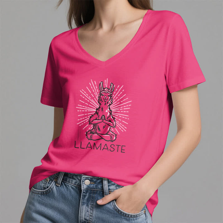 Olivenorma Maglietta divertente con scollo a V e scritta "Yoga Llama Namaste Workout" - image 20