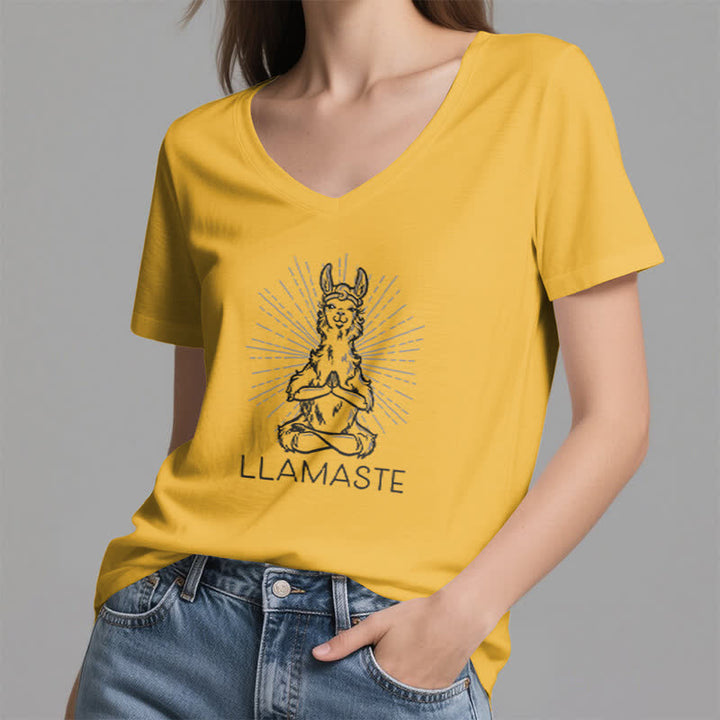 Olivenorma Maglietta divertente con scollo a V e scritta "Yoga Llama Namaste Workout" - image 17