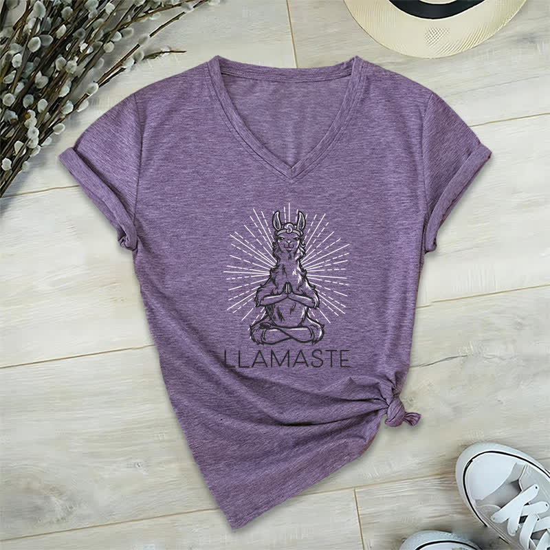 Olivenorma Maglietta divertente con scollo a V e scritta "Yoga Llama Namaste Workout" - Viola - 2XL - image 25