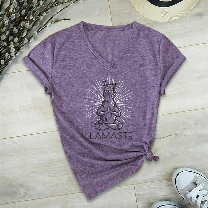 Olivenorma Maglietta divertente con scollo a V e scritta "Yoga Llama Namaste Workout" - Viola - 2XL - image 25