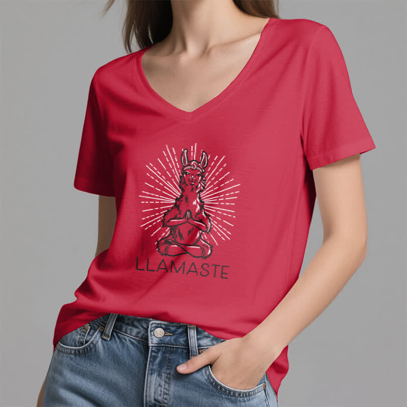 Olivenorma Maglietta divertente con scollo a V e scritta "Yoga Llama Namaste Workout" - image 14
