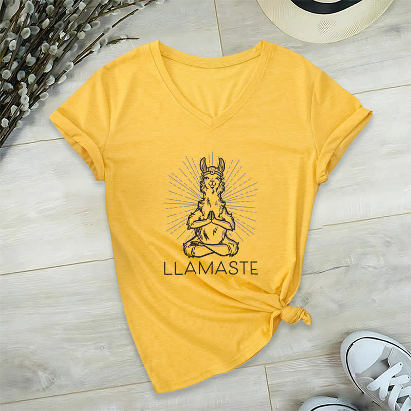 Olivenorma Maglietta divertente con scollo a V e scritta "Yoga Llama Namaste Workout" - Giallo - 2XL - image 15