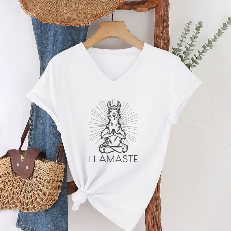 Olivenorma Maglietta divertente con scollo a V e scritta "Yoga Llama Namaste Workout" - image 2
