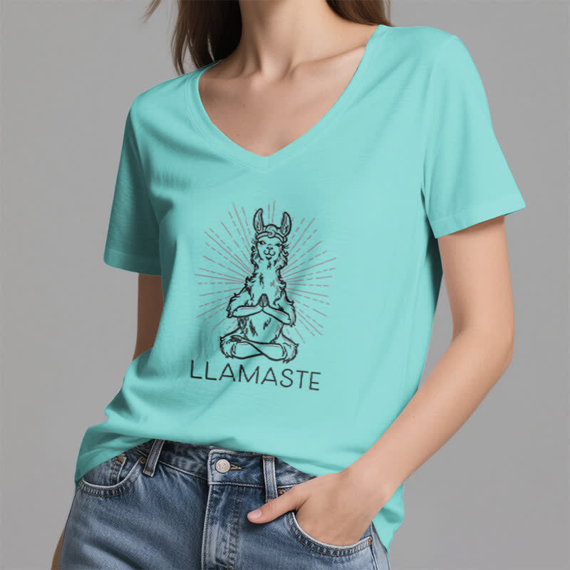 Olivenorma Maglietta divertente con scollo a V e scritta "Yoga Llama Namaste Workout" - image 25