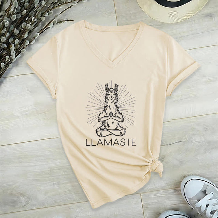 Olivenorma Maglietta divertente con scollo a V e scritta "Yoga Llama Namaste Workout" - Cachi - 2XL - image 22