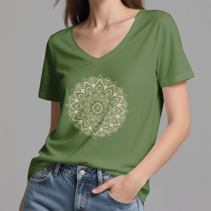 Olivenorma Maglietta da yoga con scollo a V e motivo geometrico a fiori di loto - image 23