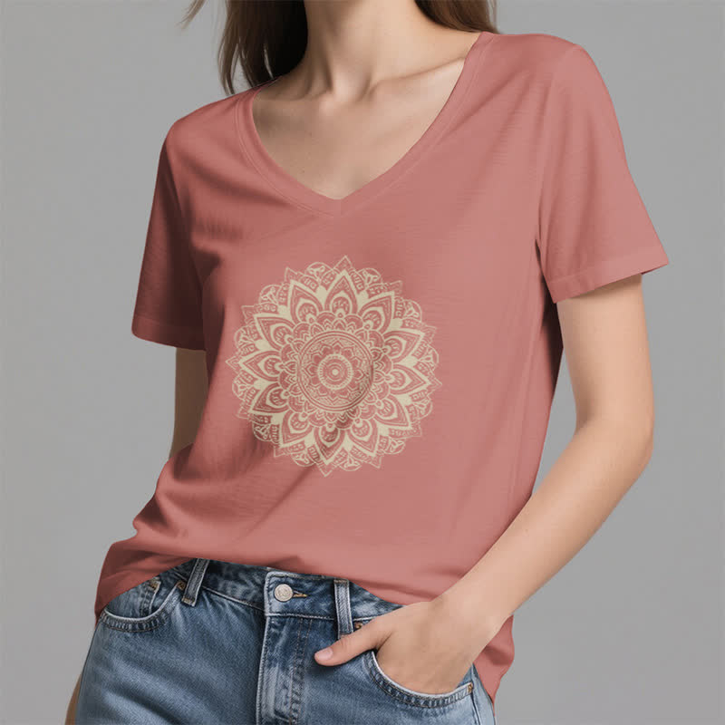 Olivenorma Maglietta da yoga con scollo a V e motivo geometrico a fiori di loto - image 17