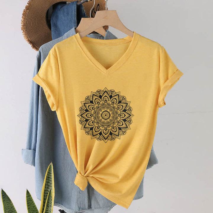 Olivenorma Maglietta da yoga con scollo a V e motivo geometrico a fiori di loto - Giallo - 2XL - image 7