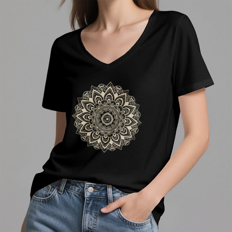Olivenorma Maglietta da yoga con scollo a V e motivo geometrico a fiori di loto - image 14