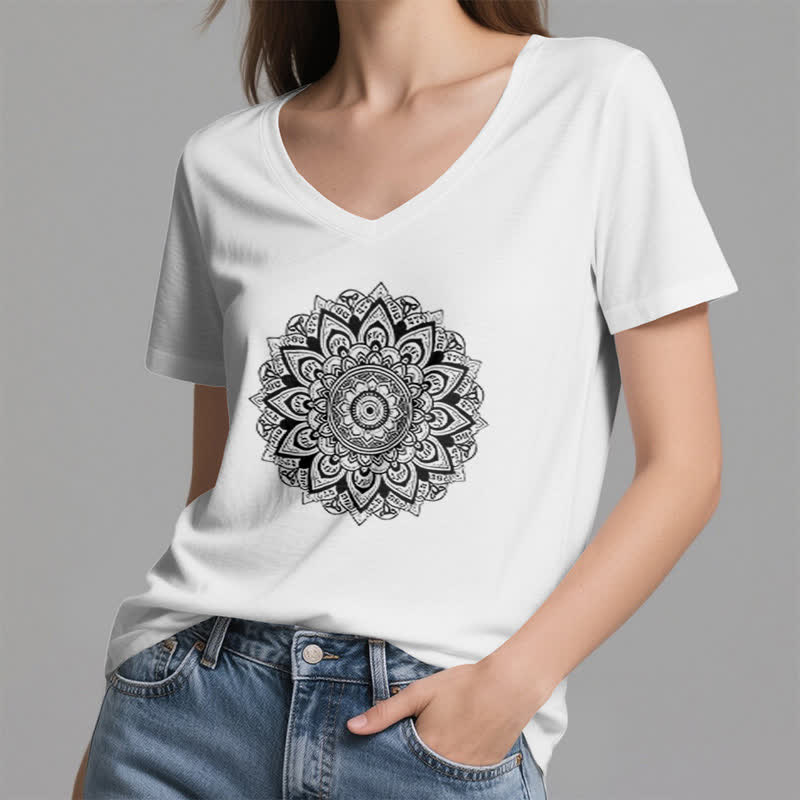 Olivenorma Maglietta da yoga con scollo a V e motivo geometrico a fiori di loto - image 25
