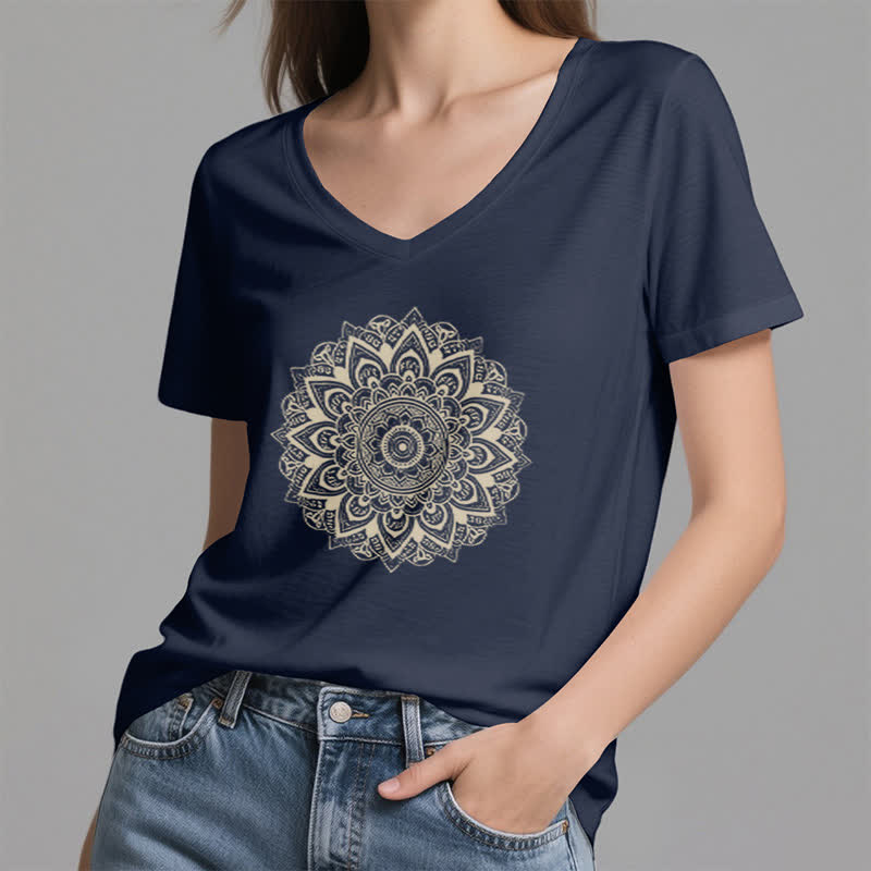 Olivenorma Maglietta da yoga con scollo a V e motivo geometrico a fiori di loto - image 23