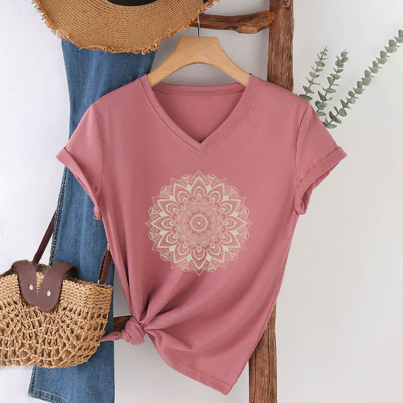 Olivenorma Maglietta da yoga con scollo a V e motivo geometrico a fiori di loto - Rosa - 2XL - image 8