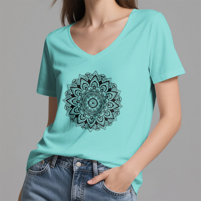 Olivenorma Maglietta da yoga con scollo a V e motivo geometrico a fiori di loto - image 14