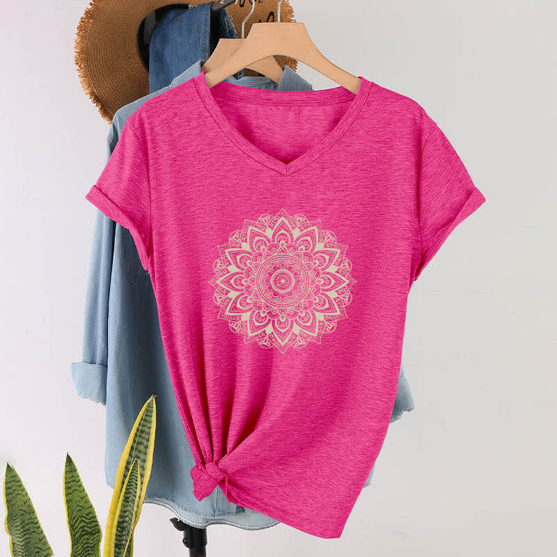 Olivenorma Maglietta da yoga con scollo a V e motivo geometrico a fiori di loto - Rosa rossa - 2XL - image 9