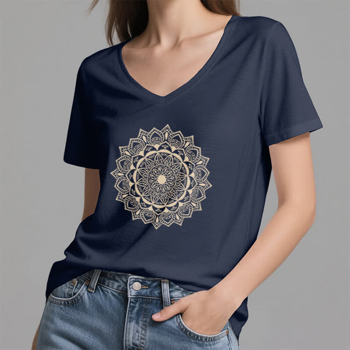T-shirt con scollo a V Olivenorma Mandala Lotus Boho Flower Yoga - image 5