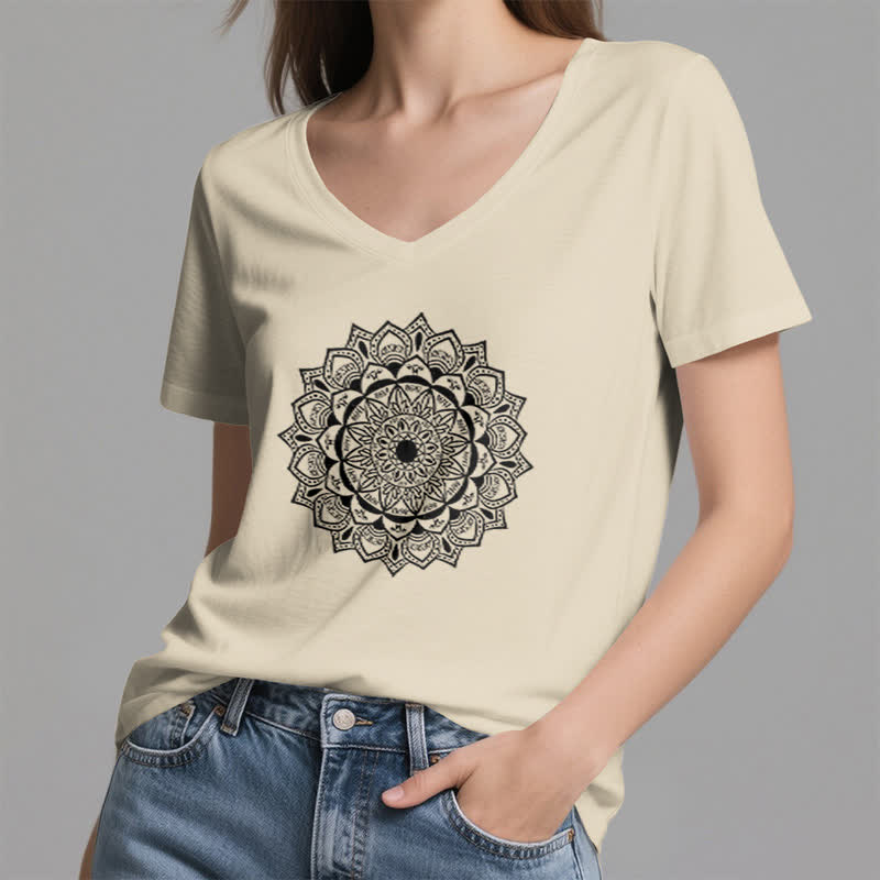 T-shirt con scollo a V Olivenorma Mandala Lotus Boho Flower Yoga - image 22