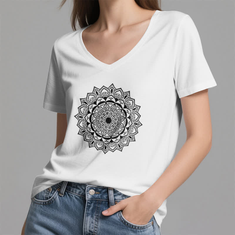 T-shirt con scollo a V Olivenorma Mandala Lotus Boho Flower Yoga - image 3