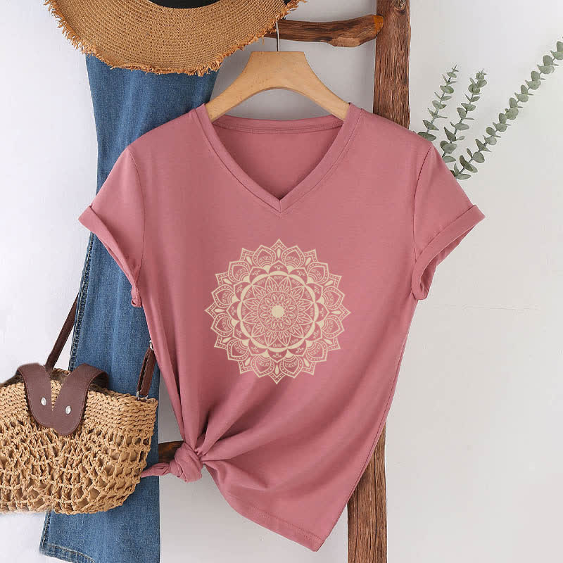 T-shirt con scollo a V Olivenorma Mandala Lotus Boho Flower Yoga - Rosa - 2XL - image 17